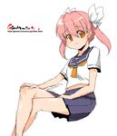  copyright_request crossed_legs eyebrows_visible_through_hair hair_ribbon hand_on_own_knee hand_on_thigh looking_at_viewer midriff neckerchief oekaki onija_tarou pink_hair pleated_skirt ribbon school_uniform serafuku short_sleeves simple_background sitting skirt smile solo twintails watermark web_address white_background yellow_eyes 