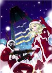  2boys assault_rifle building capelet christmas cityscape coat copyright_request gun handgun looking_up mask mr.romance multiple_boys rifle santa_costume snow weapon 