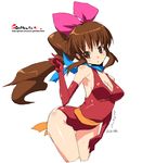  ascot bent_over bow breasts brown_eyes brown_hair cleavage copyright_request elbow_gloves gloves hair_bow long_hair medium_breasts oekaki onija_tarou ponytail scarf solo 
