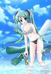  aqua_eyes aqua_hair bad_id bad_pixiv_id bikini cloud day diving_mask hatsune_miku kuryuu long_hair side-tie_bikini sky snorkel solo spring_onion swimsuit twintails vocaloid water 