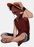  1boy absurdres aki_01123 bare_shoulders black_hair blue_shorts buttons closed_eyes commentary_request full_body fur-trimmed_shorts fur_trim grey_background hand_on_headwear hat highres indian_style male_focus monkey_d._luffy one_piece open_mouth red_vest sandals scar scar_on_cheek scar_on_face short_hair shorts sitting smile solo straw_hat teeth upper_teeth_only vest wristband 