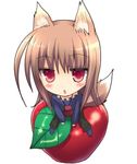  animal_ears apple brown_hair chibi chimaro food fruit holo long_hair lowres red_eyes solo spice_and_wolf tail wolf_ears 
