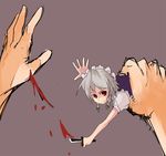  battle bleeding blood cuts hairband hands injury izayoi_sakuya knife knifed maid mieharu minigirl red_eyes ribbon short_hair silver_hair solo touhou 