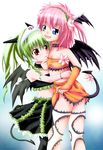  bat_wings blue_eyes bracelet choker demon_girl demon_tail demon_wings drill_hair fang galaxy_angel green_hair hairband headgear holding horns jewelry long_hair midriff milfeulle_sakuraba multiple_girls non-web_source pink_hair ponytail red_eyes tail thighhighs vanilla_h wings 