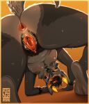 anthro anus black_sclera bodily_fluids bracelet breasts canid canid_demon canine demon fangs feet female fur gatogenerico genitals grey_body grey_fur hairy_vulva hellhound hi_res horn humanoid_feet jewelry looking_at_viewer looking_back looking_back_at_viewer looking_through looking_through_legs mammal mythological_canine mythological_creature mythology nude nude_female plantigrade red_eyes soles solo spiked_bracelet spikes sweat teeth vulva