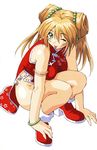  ;p ahoge bangs beads bracelet breasts china_dress chinese_clothes double_bun dress full_body green_eyes high_heels highres ikkitousen jewelry knees_to_chest large_breasts long_hair no_panties official_art one_eye_closed orange_hair pelvic_curtain red_dress scan shiozaki_yuji shoes simple_background solo sonsaku_hakufu squatting taut_clothes tongue tongue_out twintails 