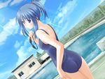  ass blue_eyes blue_hair chain-link_fence cloud day dutch_angle fence fossette_~cafe_au_le_ciel_bleu~ game_cg goggles goggles_removed lens_flare light_rays looking_back nekonyan non-web_source one-piece_swimsuit outdoors ponytail pool pool_ladder poolside school_swimsuit short_hair sky solo sparkle standing starting_block sunbeam sunlight swimsuit wet 