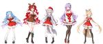  5girls ;) absurdres acaxia animal_ears bell belt_buckle black_boots black_pantyhose black_ribbon black_shoes black_thighhighs blaire_rose_(acaxia) blonde_hair blue_eyes blue_hair boots bow breasts brown_dress buckle christmas dress fake_antlers fox_ears fox_girl fox_tail full_body fur-trimmed_boots fur-trimmed_dress fur-trimmed_headwear fur_trim gradient_hair hand_up hasiyo_(vtuber) hat highres knee_boots large_breasts leg_warmers long_hair looking_at_viewer low_twintails medium_breasts multicolored_hair multiple_girls neck_bell official_art one_eye_closed pantyhose pine_(angel4195202) popopopo_(acaxia) purple_eyes purple_hair red_bow red_dress red_eyes red_hair ribbon ryusiho_(acaxia) santa_costume santa_dress santa_hat shoes short_dress simple_background smile standing tail thighhighs twintails very_long_hair violeta_mone_(acaxia) virtual_youtuber wavy_hair white_background white_hair white_leg_warmers yellow_eyes zettai_ryouiki 