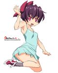  bow copyright_request dress flat_chest hair_bow oekaki onija_tarou open_mouth pink_eyes purple_hair shoes short_dress short_hair smile sneakers socks solo 