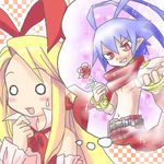  1girl bat_wings blonde_hair blue_hair demon_girl detached_sleeves disgaea flonne flonne_(fallen_angel) imagining karina laharl long_hair lowres makai_senki_disgaea makai_senki_disgaea_2 nippon_ichi o_o pointy_ears red_eyes ribbon scarf shorts wings 