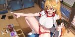  1girl absurdres animal_ears annotated bookshelf breasts brown_hair buruma card card_game commentary commission duel_(yu-gi-oh!) extra_ears fox_ears goback gym_shirt hair_between_eyes highres holding holding_card jacket jacket_on_shoulders large_breasts long_hair navel open_mouth original playing_games pointing red_buruma red_eyes shirt sitting solo spread_legs yu-gi-oh! 