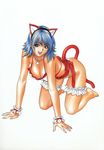  all_fours animal_ears blue_eyes blue_hair bow breasts cat_ears cat_tail cleavage collar copyright_request garters highres inoue_takuya large_breasts nail_polish pink_nails smile solo tail 