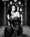  1girl bare_shoulders breasts chest_tattoo cleavage commentary_request crosshatching dress elbow_gloves fullmetal_alchemist gloves greyscale hatching_(texture) highres instagram_username large_breasts lipstick long_dress long_fingers lust_(fma) makeup monochrome pillarboxed seveninks sitting smile solo spanish_commentary strapless strapless_dress tattoo tube_dress wavy_hair 