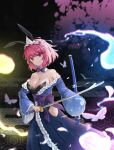  1girl absurdres animal_ears bare_shoulders black_leotard blue_dress bow bowtie breasts bug butterfly cleavage clothing_cutout commentary detached_collar dress egasumi feet_out_of_frame frilled_dress frilled_hairband frills ghost hairband highres hip_vent holding holding_sheath holding_sword holding_weapon honeycomb_(pattern) honeycomb_background katana large_breasts leotard off-shoulder_dress off_shoulder parted_lips petals pink_eyes pink_hair pink_petals pleated_skirt purple_bow purple_bowtie purple_sash rabbit_ears saigyouji_yuyuko saigyouji_yuyuko_(bunny_ghost_hoping_for_resurrection) sash sheath short_hair skirt solo sword touhou touhou_lostword triangular_headpiece weapon yeobi 