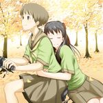  bicycle black_hair blush brown_hair character_request closed_eyes ground_vehicle hug leaf long_hair multiple_girls multiple_riders nanahime original pillion school_uniform short_hair sidesaddle skirt smile tree yuri 