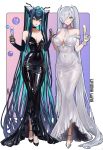  2girls absurdres aqua_hair bare_shoulders black_shoes blue_eyes breasts catifex champagne_flute cinderella_(nikke) cleavage cup detached_sleeves dress drinking_glass earrings goddess_of_victory:_nikke grey_hair hair_ornament hair_over_one_eye highres holding holding_cup holding_hands jewelry large_breasts little_mermaid_(nikke) long_hair looking_at_viewer multicolored_hair multiple_girls purple_lips shoes silver_shoes smile two-tone_hair very_long_hair yellow_eyes 