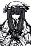  bangs blunt_bangs bow closed_mouth dress expressionless greyscale hair_bow hat kaguyahime long_hair looking_at_viewer low-tied_long_hair mob_cap monochrome patchouli_knowledge simple_background solo touhou white_background 