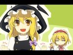  :d =_= alice_margatroid bad_id bad_pixiv_id blonde_hair clenched_hands hairband hat kirisame_marisa letterboxed long_hair meimone multiple_girls open_mouth ribbon shanghai_doll short_hair smile touhou witch witch_hat yellow_eyes 