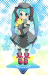  aqua_eyes aqua_hair bad_id bad_pixiv_id beret detached_sleeves dress green_eyes green_hair hair_ribbon hat hatsune_miku long_hair ribbon socks sokomushi solo stuffed_animal stuffed_toy twintails vocaloid younger 