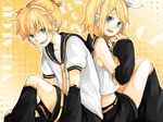  1girl back-to-back blonde_hair blue_eyes brother_and_sister detached_sleeves hair_ornament hairclip kagamine_len kagamine_rin short_hair siblings tama_(songe) twins vocaloid 