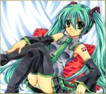  aqua_hair detached_sleeves green_eyes hatsune_miku headset imoko. long_hair necktie panties shikishi sitting skirt solo striped striped_panties thighhighs traditional_media twintails underwear very_long_hair vocaloid 