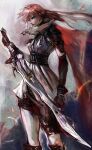  1girl absurdres black_gloves blue_eyes cape closed_mouth commentary final_fantasy final_fantasy_xiii floating_hair gloves high_collar highres holding holding_sword holding_weapon kyezzzz lightning_farron lightning_returns:_final_fantasy_xiii long_hair looking_at_viewer pink_hair red_cape solo standing sword weapon 