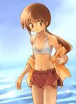  bikini_top brown_eyes brown_hair flat_chest haruna_raika kouno_hikaru long_hair midriff navel off_shoulder ponytail raika_days shorts solo undressing water 