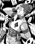  1boy armlet bracelet card club_(shape) commentary_request greyscale hand_on_own_head hand_on_own_hip hatching_(texture) highres hisoka_morow hunter_x_hunter instagram_username jewelry male_focus monochrome pillarboxed playing_card seveninks smile solo spade_(shape) spanish_commentary 
