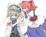  :d :o ^_^ ^o^ apron blue_dress blue_eyes blush closed_eyes dress frills green_hair hat looking_at_viewer mob_cap mochiki multiple_girls obi oekaki onozuka_komachi open_mouth parted_lips sash shiki_eiki short_hair simple_background smile touhou two_side_up waist_apron white_background 