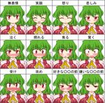  1girl akasode_(tyaramu) ascot blush breasts chart expressions frown green_hair kazami_yuuka large_breasts multiple_views plaid plaid_vest red_eyes shaded_face smile touhou translated vest 