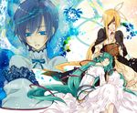  aqua_hair aru_uta-utai_ningyou_no_kiroku_(vocaloid) bare_shoulders blonde_hair blue_eyes blue_hair closed_eyes corset dress eyepatch genderswap genderswap_(mtf) hatsune_miku kagamine_rin kaiko long_hair multiple_girls musical_note ribbon saiyki skirt smile twintails very_long_hair vocaloid 