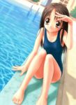  barefoot brown_eyes brown_hair copyright_request dutch_angle feet goto_p hands long_hair one-piece_swimsuit outdoors pool pool_ladder poolside school_swimsuit solo swimsuit wet 