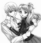  1girl collared_shirt couple cowboy_shot dress_shirt greyscale hetero hug kujikawa_rise long_sleeves looking_at_viewer looking_back monochrome narukami_yuu persona persona_4 plaid plaid_skirt pleated_skirt sailor_collar sakiran_densha school_uniform serafuku shirt simple_background skirt white_background yasogami_school_uniform 