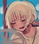  1boy blue_sky blush close-up closed_eyes cloud commentary_request electric_fan highres hot lemonhib medium_hair open_mouth outdoors peanut_mouth portrait saihate_eki shirt sidelocks sky solo sweat tatsunami_shion white_shirt 