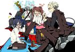  2girls androgynous bad_id bad_pixiv_id blonde_hair blue_hair blush brown_hair cabbie_hat censored fake_censor fujitaka_(akasora) glasses gun handgun hat holding_needle kujikawa_rise kuma_(persona_4) multiple_boys multiple_girls narukami_yuu needle pee peeing persona persona_4 pistol reverse_trap scar school_uniform sewing shirogane_naoto short_hair tatsumi_kanji weapon yasogami_school_uniform 