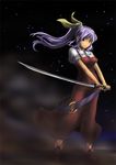  1girl belt boots bow bracelet dress full_body hair_bow high_ponytail holding jewelry katana kou_(haijindeath) legs_apart long_hair looking_at_viewer night night_sky ponytail purple_hair red_dress red_eyes ribbon serious sky smoke solo standing star_(sky) sword touhou two-handed v-shaped_eyebrows watatsuki_no_yorihime weapon 
