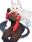  1girl :d ahoge animal_ears baburusushi black_gloves black_necktie black_pants black_vest blush breasts cerberus_(helltaker) claw_pose commentary cowboy_shot demon_tail dog_ears dog_girl fang furrification furry furry_female gloves helltaker highres long_hair long_sleeves looking_at_viewer low-tied_long_hair medium_breasts necktie pants red_eyes red_shirt shirt simple_background smile tachi-e tail very_long_hair vest white_background white_hair 