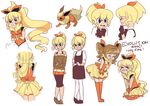  =_= ^_^ apron baker_(pokemon) bare_shoulders bent_over blue_eyes blush bow brown_hair clenched_hands closed_eyes commentary cosplay dress dual_persona eevee eeveelution_project english flareon flareon_(cosplay) flying_sweatdrops fur_trim gen_1_pokemon gloves hair_ribbon hanakawa_ran himura_hotaru kneeling leaning_over leggings long_hair loony_bear magical_girl multiple_girls open_mouth original personification pigeon-toed pokemon pokemon_(creature) ponytail ribbon simple_background skirt sleeves_past_wrists smile standing tears thighhighs twintails very_long_hair wavy_mouth white_background zettai_ryouiki 