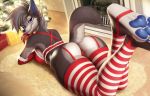  2018 anthro armwear biped blue_eyes blue_nose blue_pawpads bra butt canine christmas christmas_tree clothed clothing cobalt_nimata detailed_background digital_media_(artwork) elbow_gloves eyebrows female fur garter_straps gift gloves grey_fur grey_hair grey_tail hair holidays leg_warmers legs_up legwear looking_at_viewer looking_back lying mammal on_front panties pawpads red_bottomwear red_bra red_clothing red_topwear red_underwear short_hair smiju smile solo striped_clothing striped_legwear stripes thong tree underwear wolf 