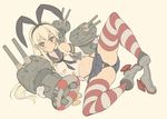  anchor black_panties blonde_hair blush elbow_gloves gloves hair_ornament hairband highres hiyohiyo kantai_collection lifebuoy long_hair looking_at_viewer lying navel panties rensouhou-chan shimakaze_(kantai_collection) skirt solo spread_legs striped striped_legwear thighhighs underwear white_gloves 