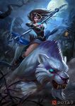  1girl animal arrow black_hair bow defense_of_the_ancients long_hair mirana moon night toeless_socks weapon 