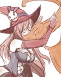  breasts charizard cleavage closed_eyes corset crossover elbow_gloves fingerless_gloves gen_1_pokemon gloves hat hug large_breasts long_hair lowres luminous_arc pink_hair pokemon pokemon_(creature) simonadventure vanessa_(luminous_arc) witch witch_hat 