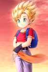  backpack bad_id bad_pixiv_id bag bandana bandana_removed blonde_hair crop_top dragon_ball dragon_ball_gt fingerless_gloves flat_chest gloves green_eyes highres komimiyako long_hair midriff pan_(dragon_ball) smile solo spiked_hair super_saiyan what_if 