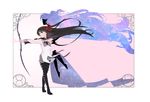  akemi_homura arrow black_hair bow_(weapon) commentary hair_ribbon hourglass kaname_madoka long_hair loony_bear magical_girl mahou_shoujo_madoka_magica md5_mismatch pantyhose purple_eyes red_ribbon ribbon silhouette skirt smile space spoilers standing ultimate_madoka weapon 