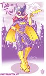  anthro batarang batgirl blue_eyes camel_toe cape chipmunk clothing cosplay crossover cute dc_comics english_text hair long_hair mammal red_hair rodent rubber sally_acorn sallyhot sega sonic_(series) text tight_clothing 