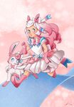  aaron_rodriquez blue_eyes blush boots borrowed_character bow commentary doily eeveelution_project ellette_(loony_bear) gen_6_pokemon gloves gradient_hair lips long_hair magical_girl multicolored_hair original parted_lips pink_hair pokemon pokemon_(creature) ribbon running sylveon watermark white_hair 