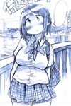  bag breasts hade_na_kangofu large_breasts monochrome pleated_skirt school_uniform sketch skirt solo thought_bubble 