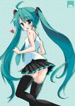  ahoge ama_(monochrome_works) aqua_eyes aqua_hair bad_id bad_pixiv_id blush character_name checkered checkered_background hatsune_miku heart long_hair looking_back necktie open_mouth skirt solo thighhighs twintails very_long_hair vocaloid 