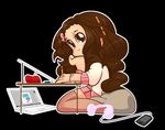  artist_self-insert black_background bracelet brown_eyes brown_hair computer curly_hair digital_media_player hair_ribbon headphones ipod jewelry laptop long_hair loony_bear original outline pencil ribbon simple_background sitting solo table thighhighs zettai_ryouiki 