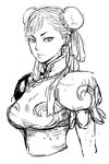  breasts bun_cover china_dress chinese_clothes chun-li double_bun dress earrings greyscale jewelry large_breasts lips mahito_(tranjistor) monochrome puffy_short_sleeves puffy_sleeves sash short_sleeves sketch solo street_fighter upper_body 